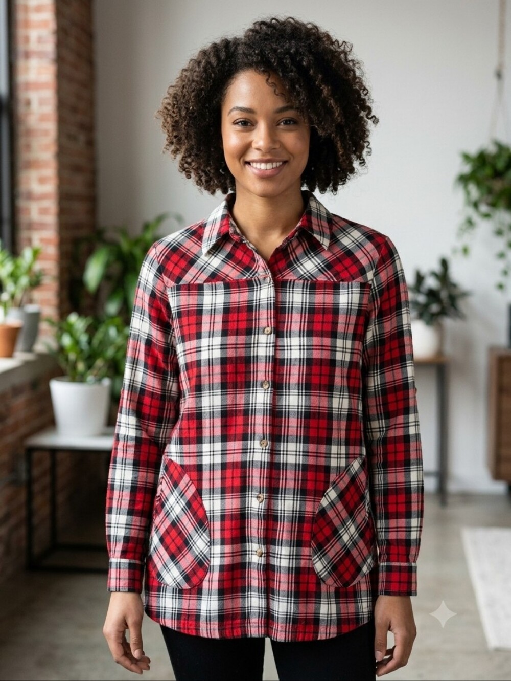 Joan Rivers Classics Collection red, black, and white plaid button-up shirt